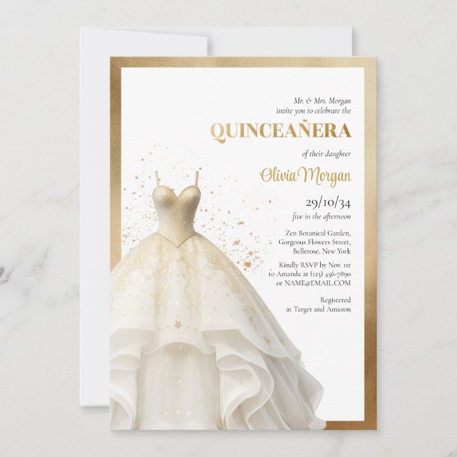 Invitation Lux élégante robe de bal or glamour Quinceañera (Devant)