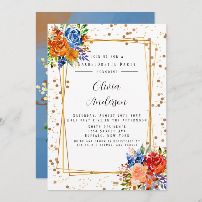 Invitation Lux Parties scintillant Blue Orange Floral Bachelo (Devant / Derrière)