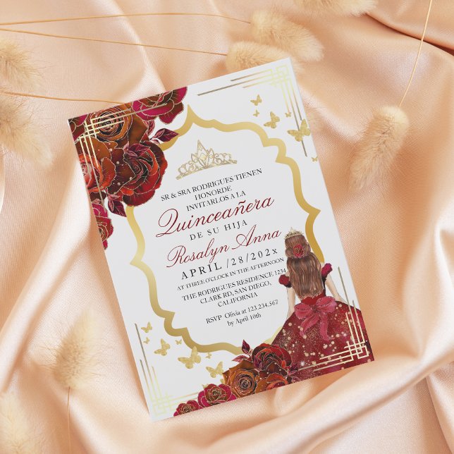 Invitation Lux Red Gold Rose Princesse Quinceañera (Créateur téléchargé)