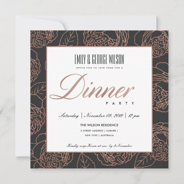 INVITATION LUX ROSE PÂLE OR ROSE GOLD NOIR FLEURS DINER MONDA (Devant)