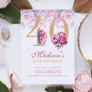 Invitation Luxe 40e anniversaire Floral Pink Gold Parties sci