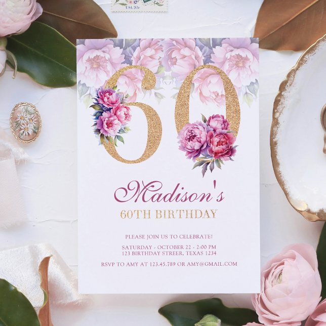 Invitation Luxe 60e anniversaire Floral Pink Gold Parties sci (Créateur téléchargé)