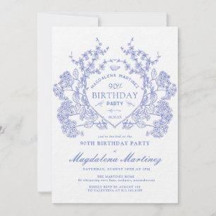 Invitation LUXE 90e anniversaire Vintage Blue Floral Crest