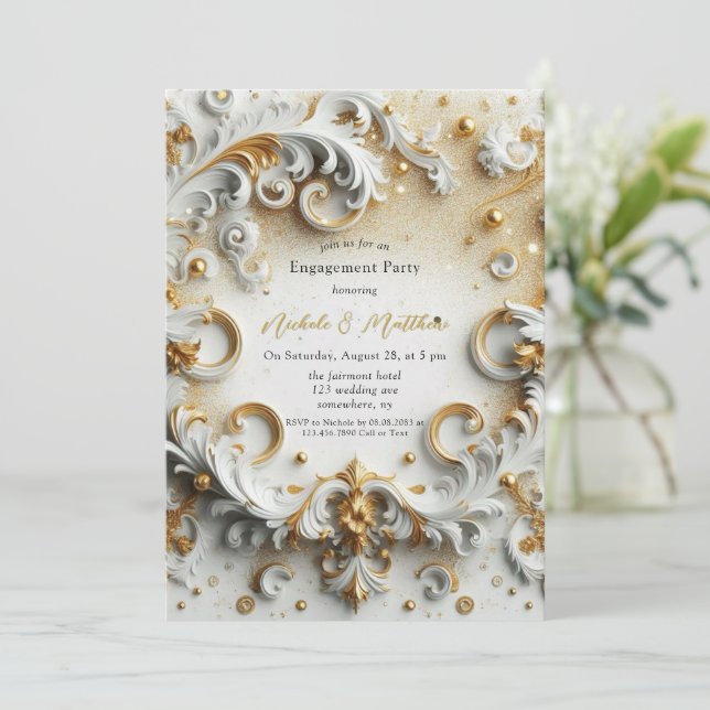 Invitation Luxe Baroque Style White Gold Engagement Party (Debout devant)