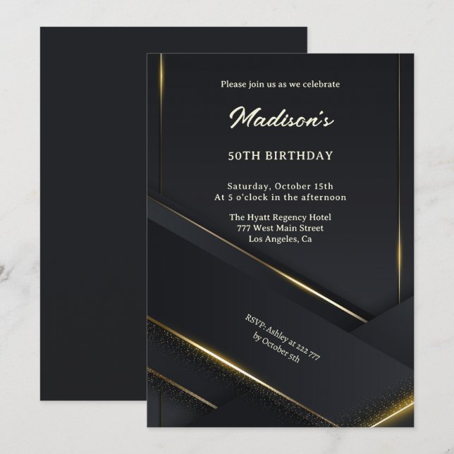 Invitation Luxe Black Arrière - plan Gold Lines Anniversaire (Devant / Derrière)
