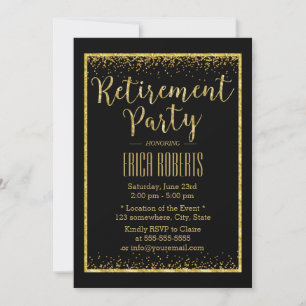 Invitation Luxe Black Gold Confetti Partie de retraite encadr