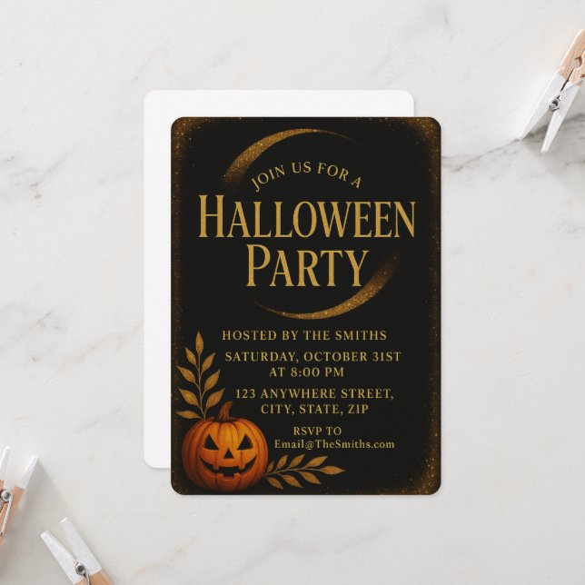 Invitation Luxe Black & Gold Éffrayant Élégant Halloween (Devant/Arrière en situation)