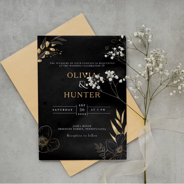 Invitation Luxe Black & Gold Floral minime Photo élégante (Modern Black, Gold Wedding Program Fans with Photo mockup. 2)