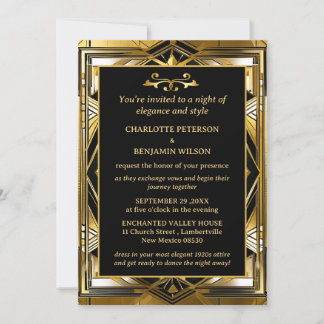 Invitation Luxe Black & Gold Gatsby Art Déco Mariage des anné