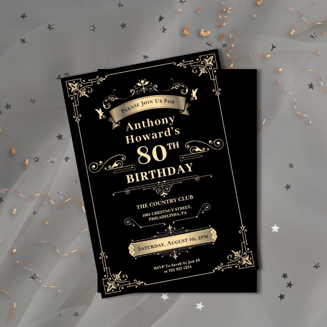 Invitation Luxe Black & Gold Jalon brillant âge anniversaire (Luxury Black & Gold Shiny Milestone Age Birthday Invitation)