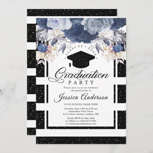 Invitation Luxe Black Gold Parties scintillant Floral Graduat (Devant / Derrière)