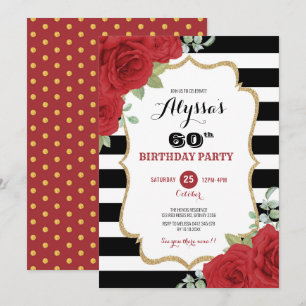 Invitation Luxe Black Gold Red Roses Adult Woman Anniversaire