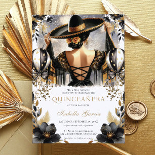 Invitation Luxe Black Gold style mexicain Quinceañera