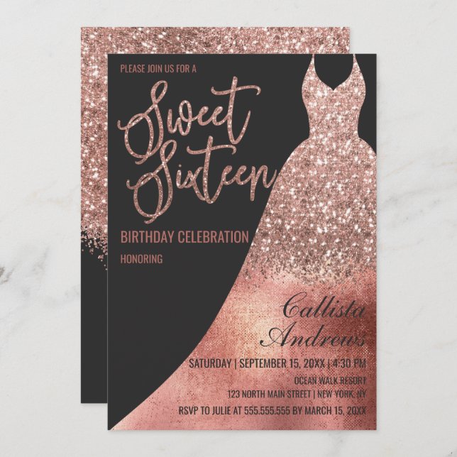 Invitation Luxe Black Rose Gold Parties scintillant robe Swee (Devant / Derrière)