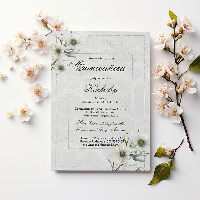 Invitation Luxe blanc argent parties scintillant floral Quinc (Luxury white silver glitter floral Quinceañera)