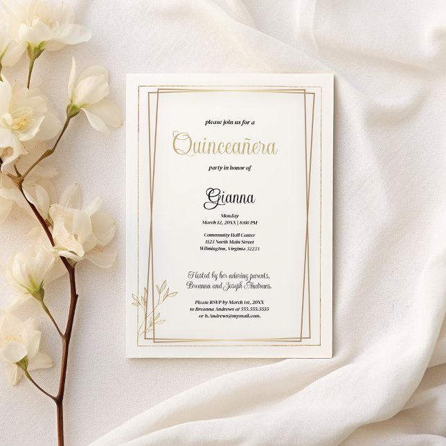 Invitation Luxe blanc et or minimaliste Quinceañera (Luxury white and gold minimalist Quinceañera )