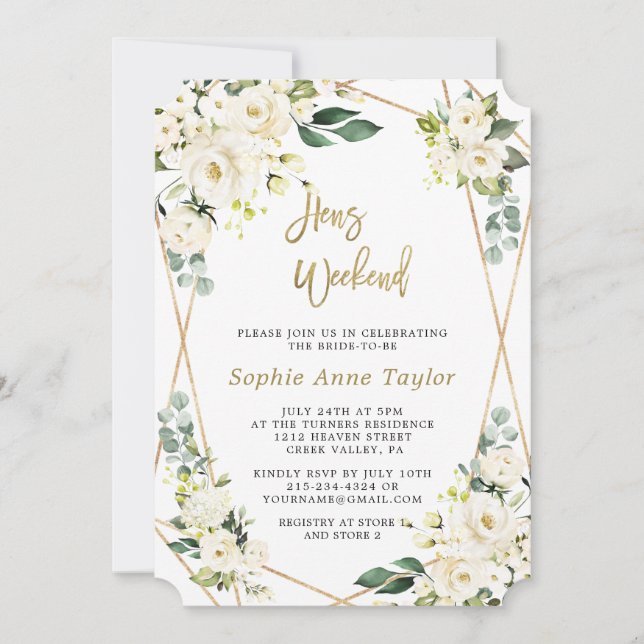 Invitation Luxe Blanc Floral Or Bachelorette Weekend (Devant)