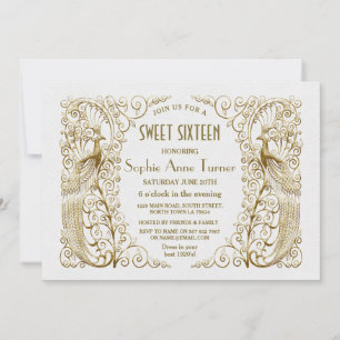 Invitation Luxe Blanc Or Art Déco Peacocks Sweet sixteen
