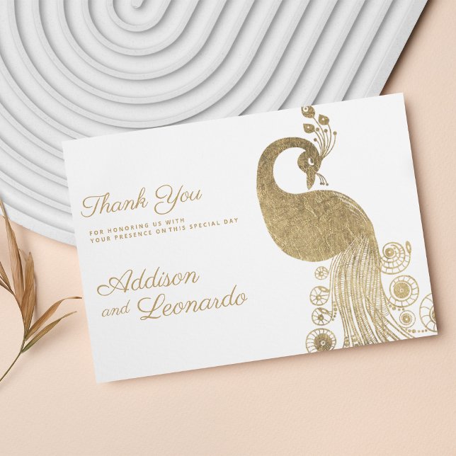 Invitation Luxe blanc or royal paon élégant Merci (Luxury white gold royal peacock elegant Thank You )