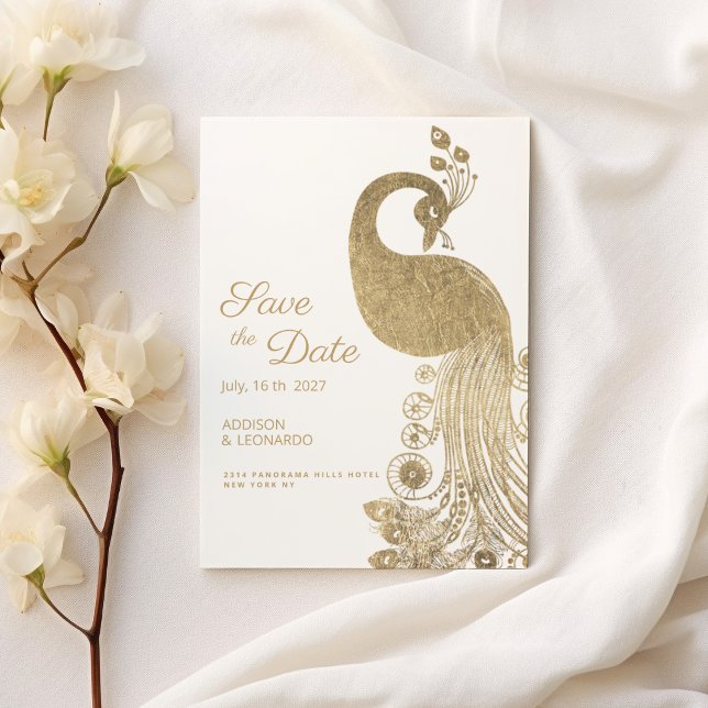 Invitation Luxe blanc or royal paon Enregistrer la date (Luxury white gold royal peacock Save the Date )