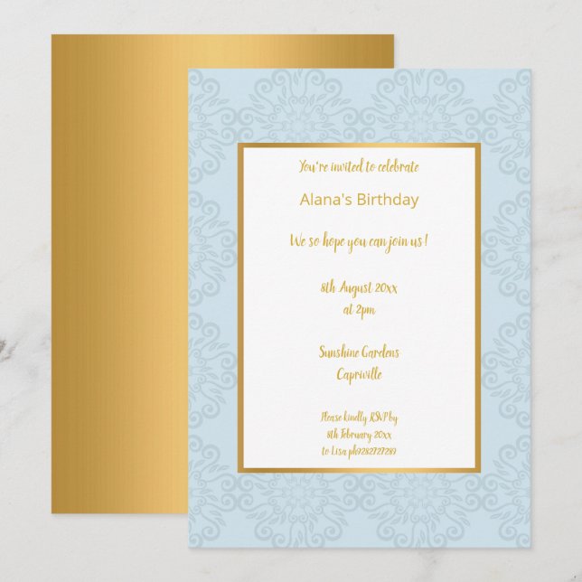 INVITATION LUXE BLEU CLAIR OR ABSTRAIT ANNIVERSAIRE (Devant / Derrière)