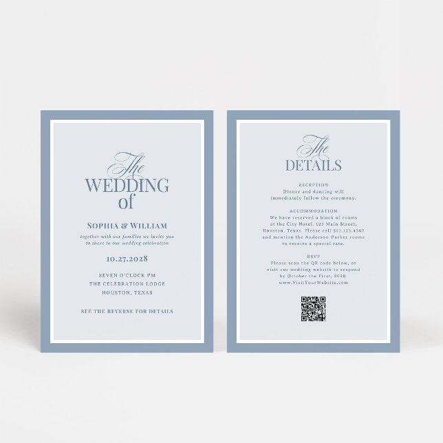 Invitation Luxe Bleu Poussiéreux avec Code QR RSVP | Mariage (Créateur téléchargé)