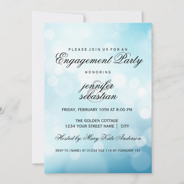 Invitation Luxe Blue Bokeh Light Chic Engagement Party (Devant)