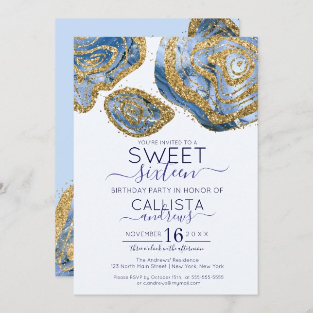 Invitation Luxe Blue Gold Marble Agate Parties scintillant Sw (Devant / Derrière)