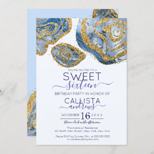 Invitation Luxe Blue Gold Marble Agate Parties scintillant Sw