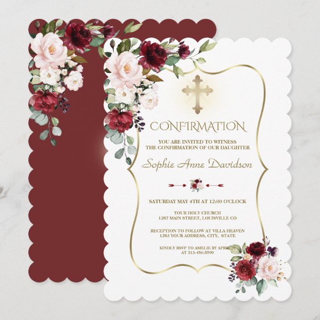 Invitation Luxe Blush Bourgogne Fleurs Fille Confirmation (Devant / Derrière)