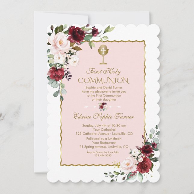 Invitation Luxe Blush Bourgogne Floral Or Sainte Communion (Devant)