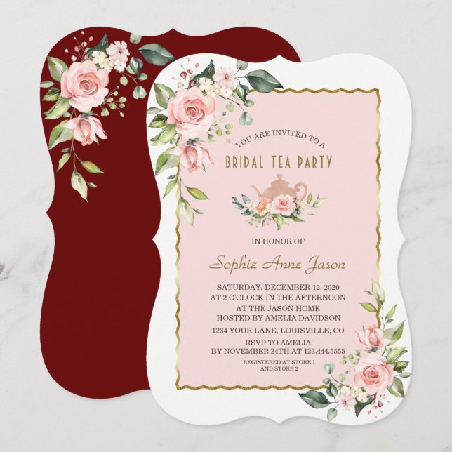 Invitation Luxe Blush Floral Gold Frame Bridal Tea Party (Devant / Derrière)