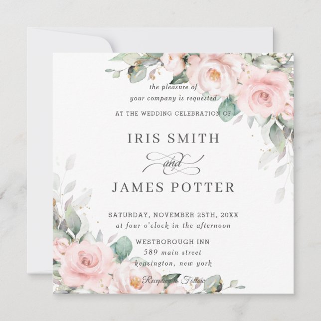 Invitation Luxe Blush rose Floral Carré Mariage (Devant)
