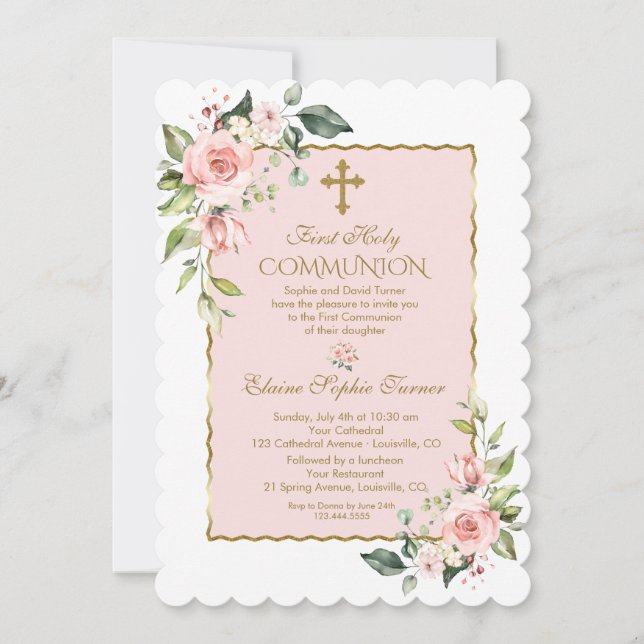 Invitation Luxe Blush Rose Floral Or Première Communion Saint (Devant)