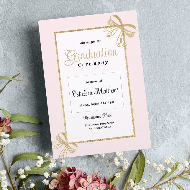 Invitation Luxe blush rose or parties scintillant bow Graduat (Luxury blush pink gold glitter bow Graduation )