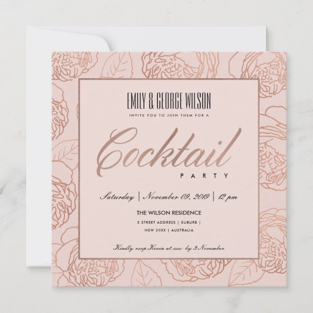 INVITATION LUXE BLUSH ROSE ROSE OR FLORAL COCKTAIL PARTI (Devant)