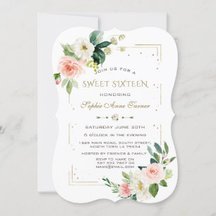 Invitation Luxe Blush White Flowers Gold Parties scintillant 