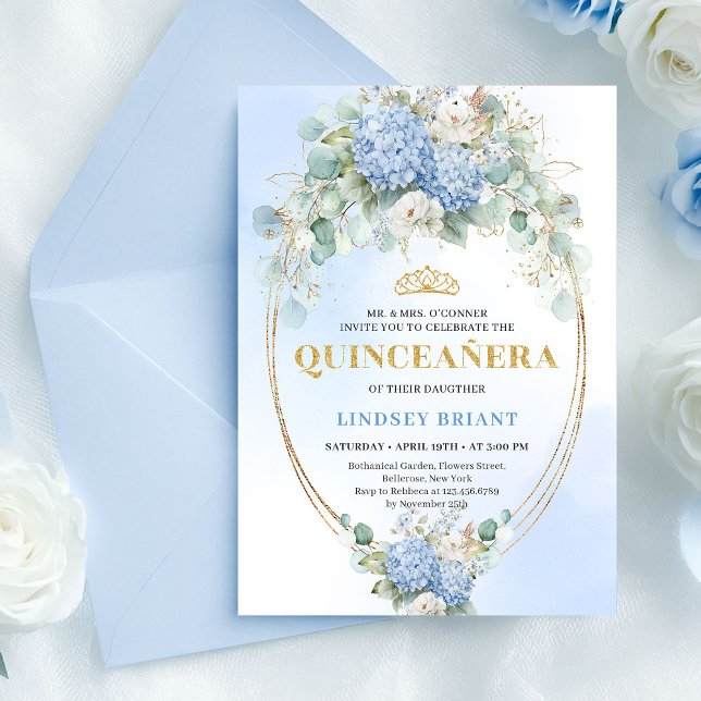 Invitation Luxe Bohème Fleurs Bleues Eucalyptus 15 (Luxury Blue Flowers Eucalyptus 15th Birthday Invite)