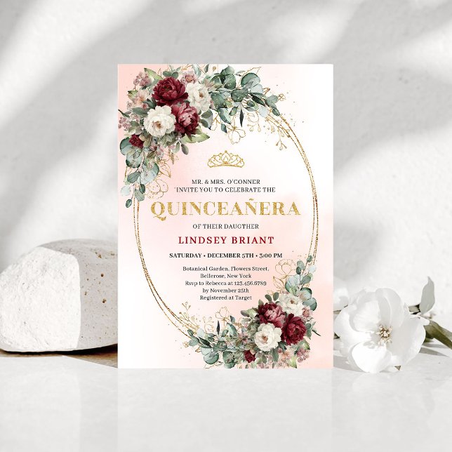 Invitation Luxe Bohemian Burgundy Peonies Quinceañera Invites (Luxe Bohemian Burgundy Peonies Quinceañera Invitations)
