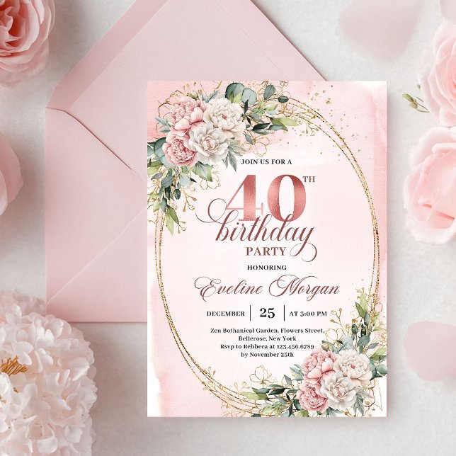 Invitation Luxe Bohemian Pastel Pink Floral 40th Birthday  (Luxe Bohemian Pastel Pink Floral 40th Birthday Invitation)
