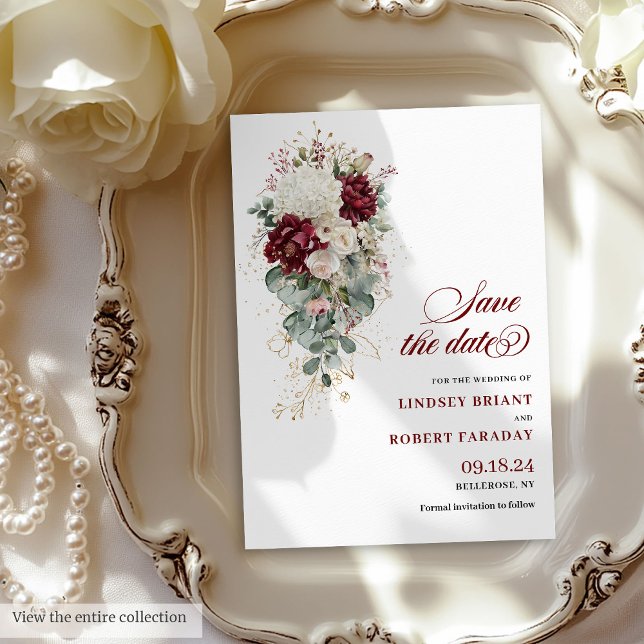 Invitation Luxe Boho Bourgogne Floral Blanc Enregistrer La Da (Luxe Boho Burgundy White Floral Save The Date)