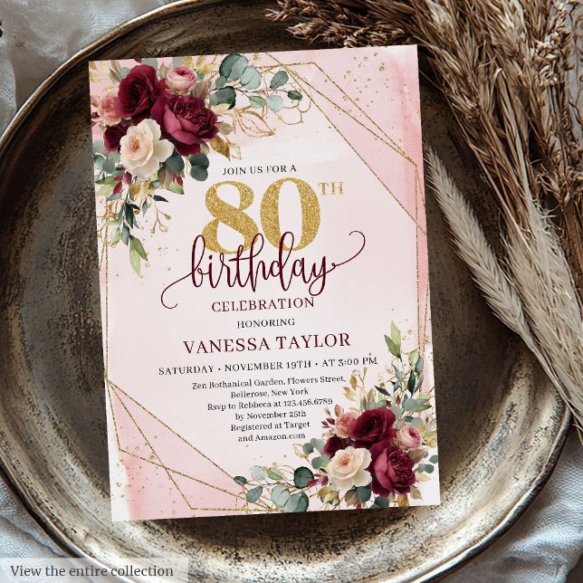 Invitation Luxe Boho Bourgogne Gold Roses 80e anniversaire In (Luxe Boho Burgundy Gold Roses 80th Birthday Invitation)