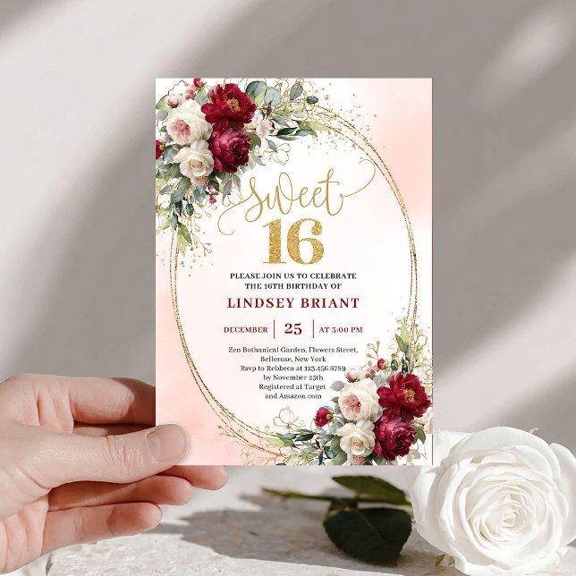Invitation Luxe Boho Marron Or Fleurs Sweet Sixtee (Luxury Boho Maroon Gold Floral Sweet Sixteen Invite)