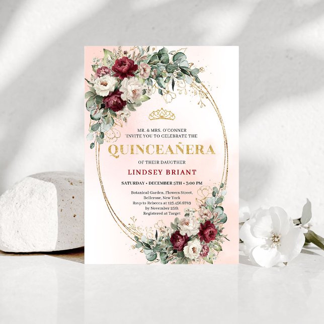 Invitation Luxe Boho Pivoines Rouge Profond Eucalyptus Quince (Luxe Deep Red Peonies Eucalyptus Quinceañera Invite)