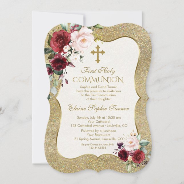 Invitation Luxe Bourgogne Blush Floral Gold Première communio (Devant)