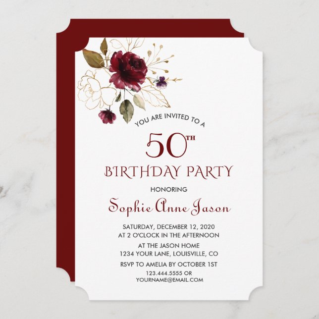 Invitation Luxe Bourgogne Or Floral 50e anniversaire Monogram (Devant / Derrière)