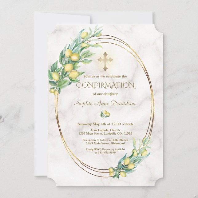 Invitation Luxe Branches de citron Gold Cross Confirmation (Devant)