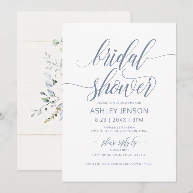 Invitation Luxe Calligraphie Fleurs Bleu Poussiéreux pour Bab (Devant / Derrière)