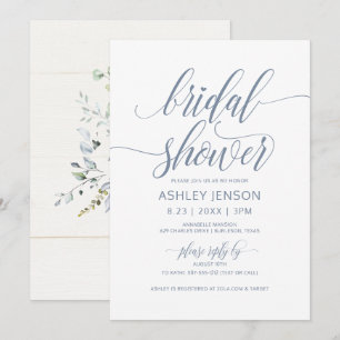 Invitation Luxe Calligraphie Fleurs Bleu Poussiéreux pour Bab