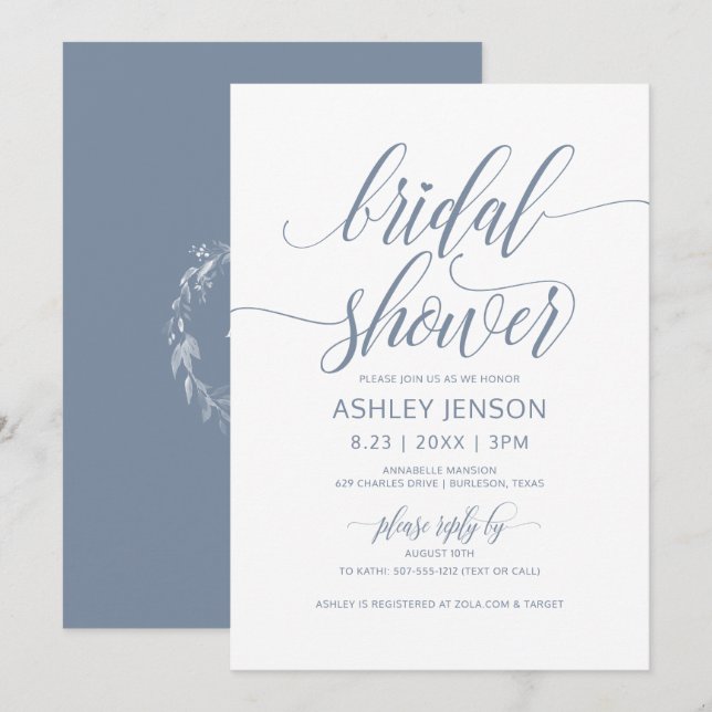 Invitation Luxe Calligraphie Fleurs Bleu Poussiéreux pour Bab (Devant / Derrière)